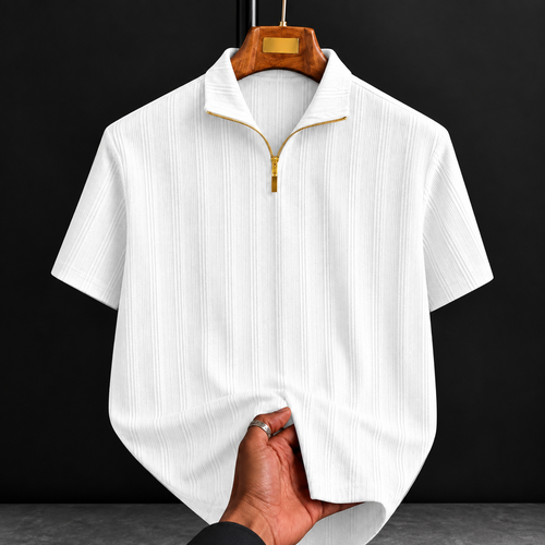 Men’s Textured Half Zip Polo T-Shirt | Stylish Ribbed Collar Neck T-Shirt | Half Sleeve Casual Wear