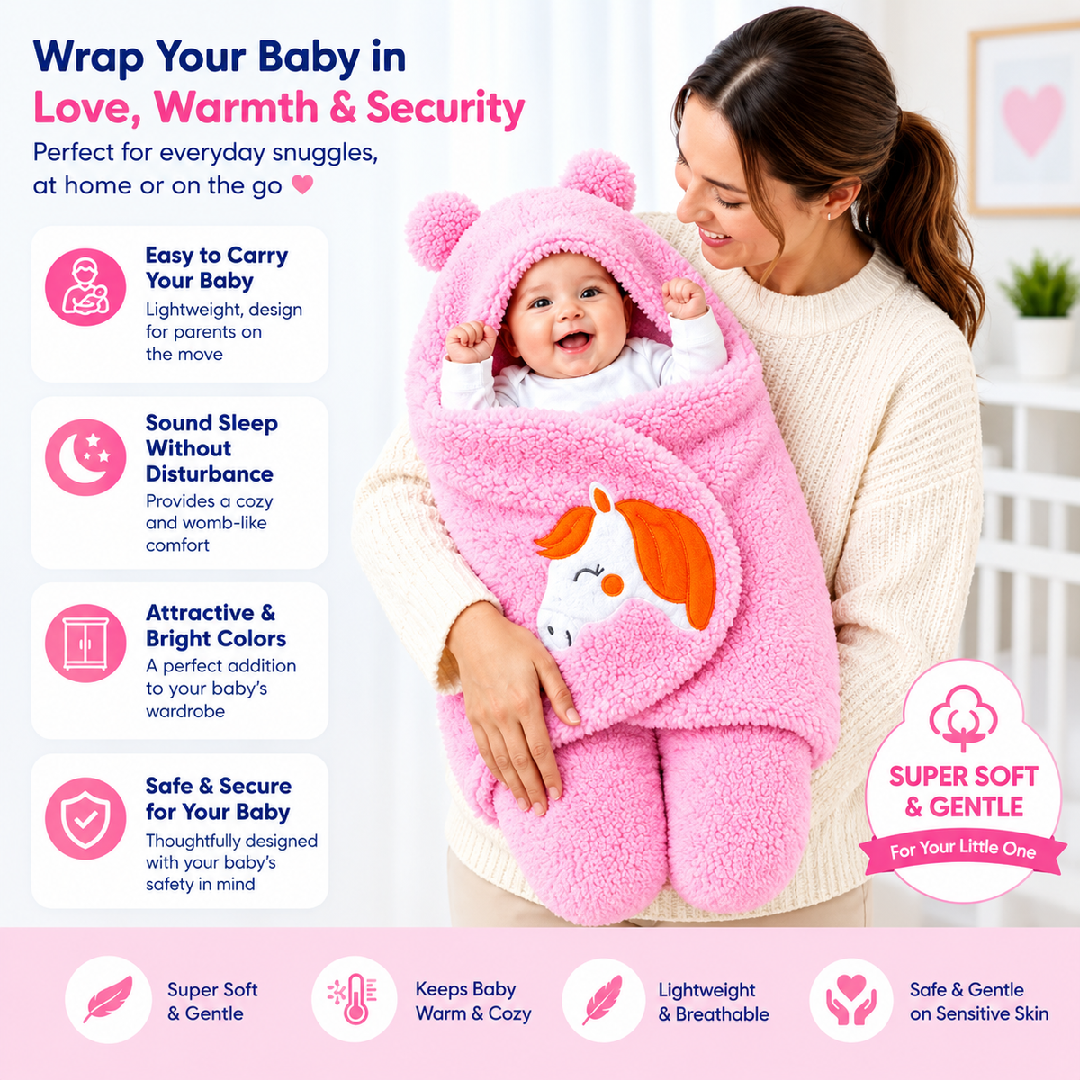 Baby Plush Hooded Wearable Blanket – Super Soft, Warm & Cozy Baby Swaddle Wrap