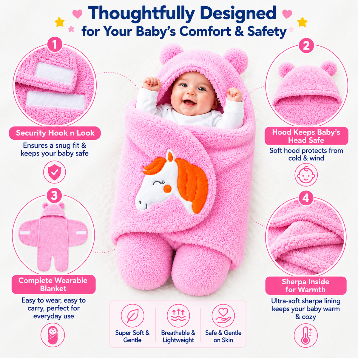 Baby Plush Hooded Wearable Blanket – Super Soft, Warm & Cozy Baby Swaddle Wrap