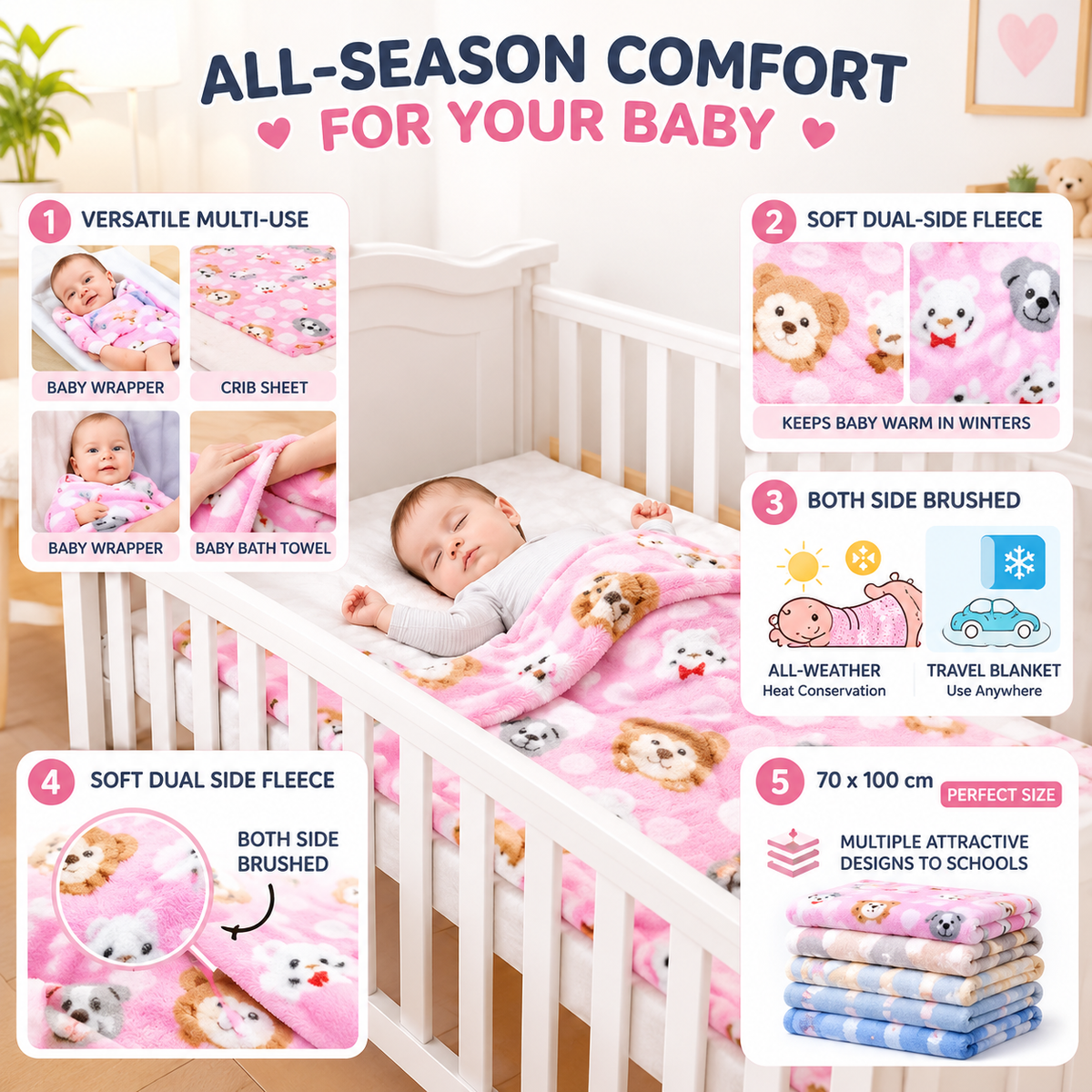 Baby Soft Plush Blanket | Warm & Cozy Printed Blanket for Kids & Infants | Cute Animal Design