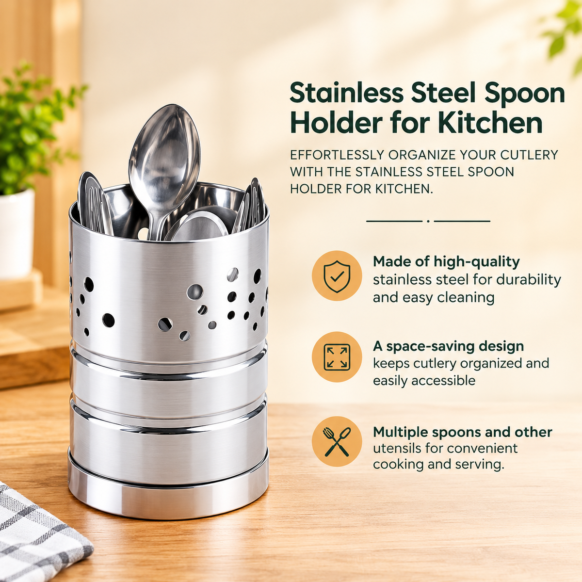 Stainless Steel Cutlery Stand & Utensil Holder | Multipurpose Kitchen Spoon, Fork & Knife Organizer