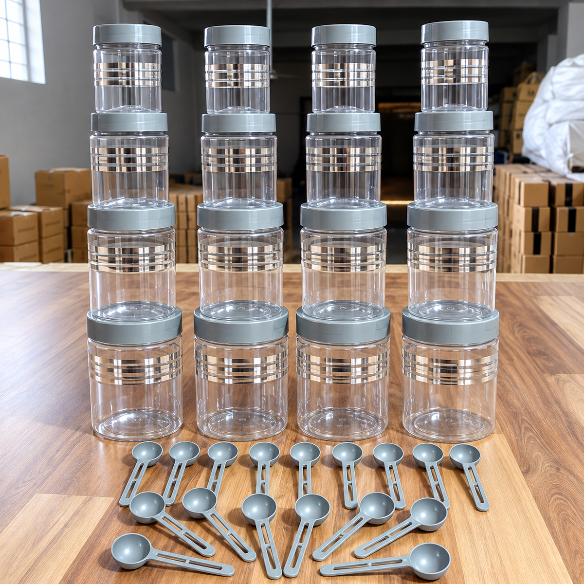 Pack of 16 Transparent Spice & Dry Food Storage Containers with Spoon | Airtight Kitchen Storage Jars | Multipurpose Organizer