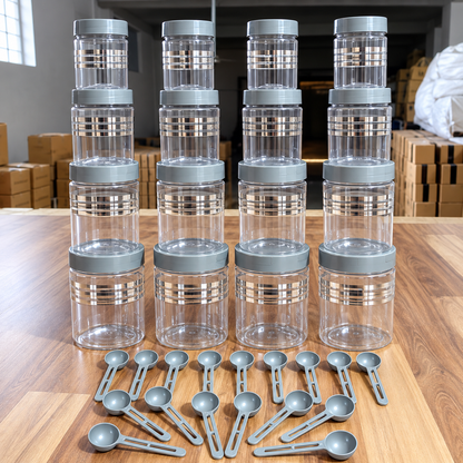 Pack of 16 Transparent Spice & Dry Food Storage Containers with Spoon | Airtight Kitchen Storage Jars | Multipurpose Organizer