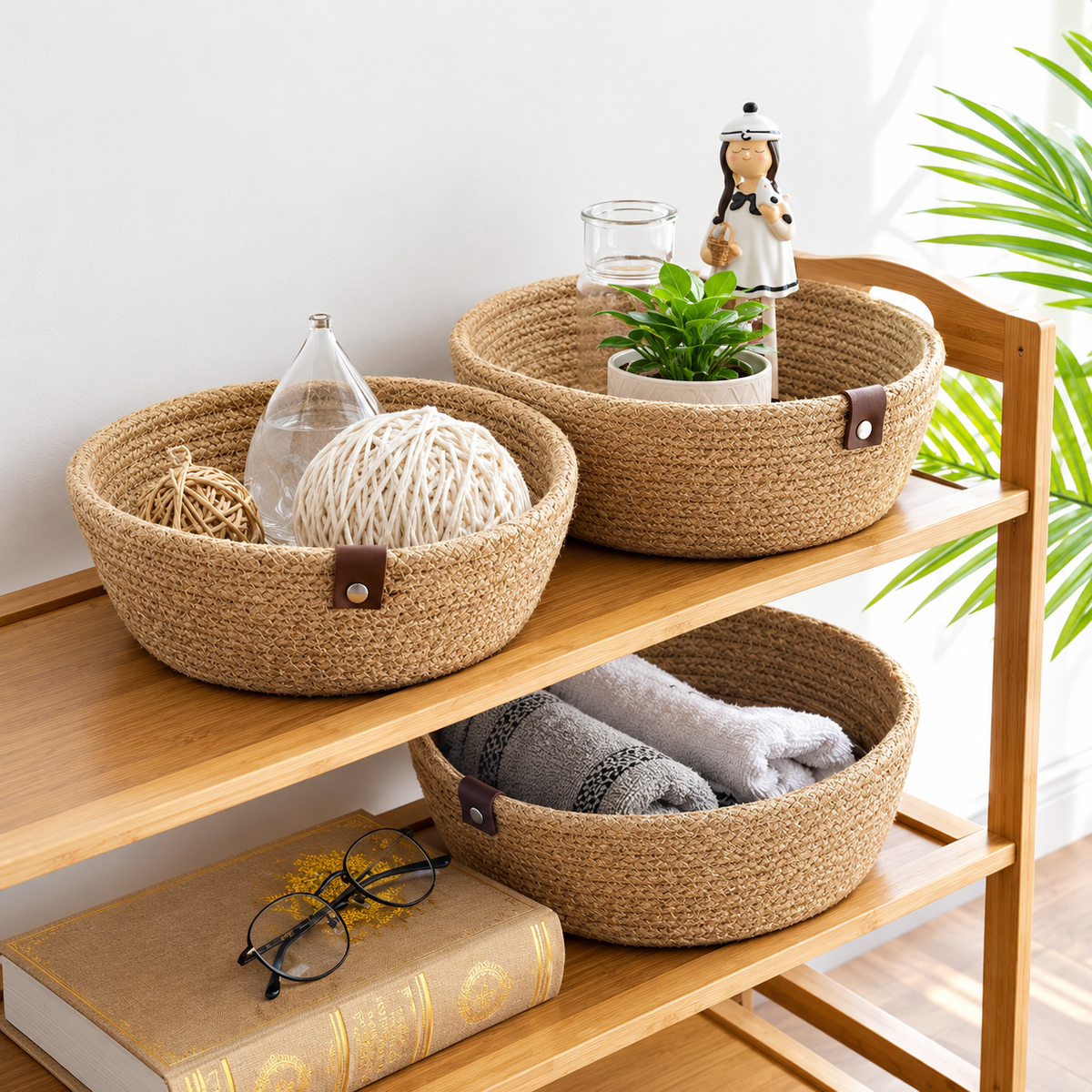 Natural Jute Rope Storage Basket for Home & Kitchen | Handwoven Multipurpose Organizer Basket | Pack of 3 | Beige