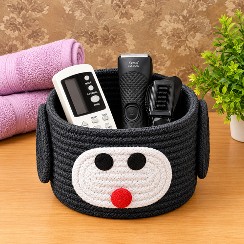 Cozy Braided Rope Pet Bed & Sleeping House for Dogs & Cats | Soft Round Pet Cave with Cute Face Design | Black