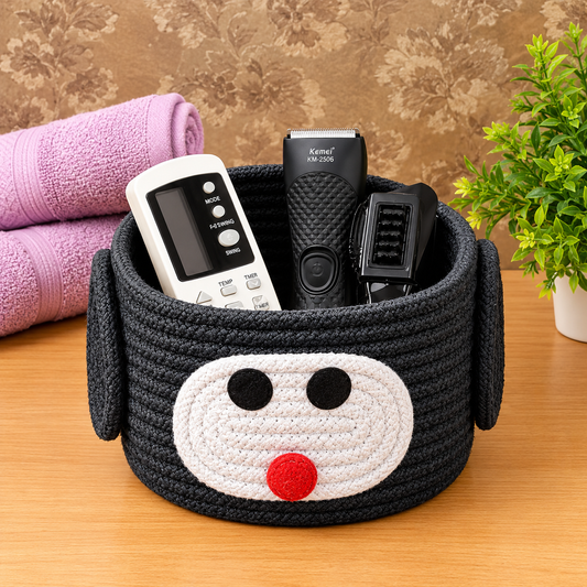Cozy Braided Rope Pet Bed & Sleeping House for Dogs & Cats | Soft Round Pet Cave with Cute Face Design | Black
